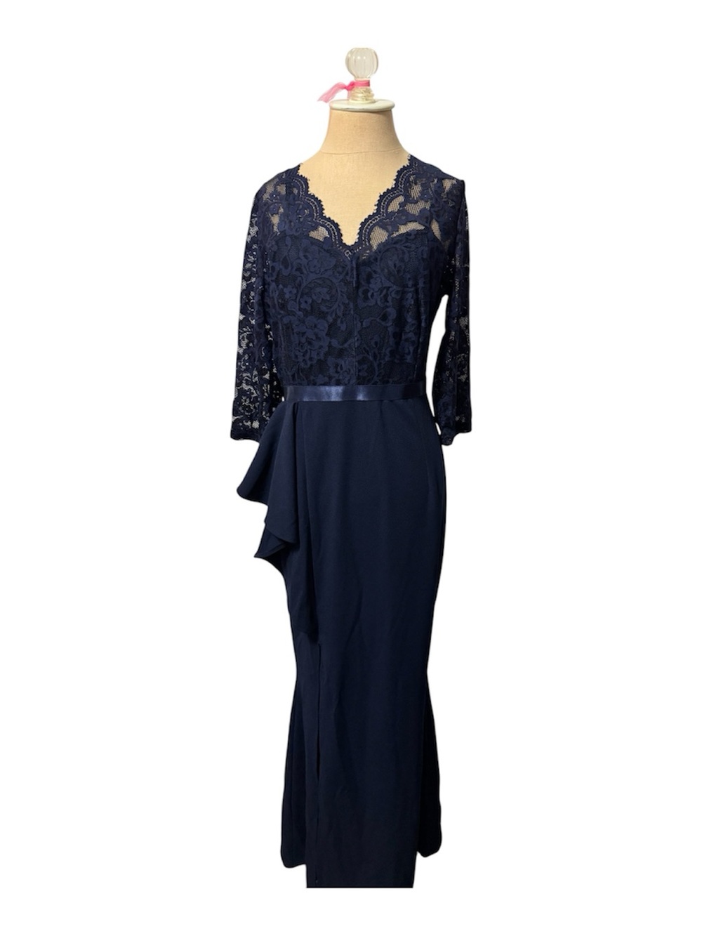 MissMny Navy Lace Floor Length Dress with Satin Waist Size Large - Picture 1 of 6